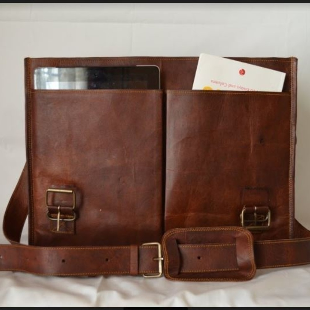 Durable Women's Leather Two-Pocket Laptop Bag